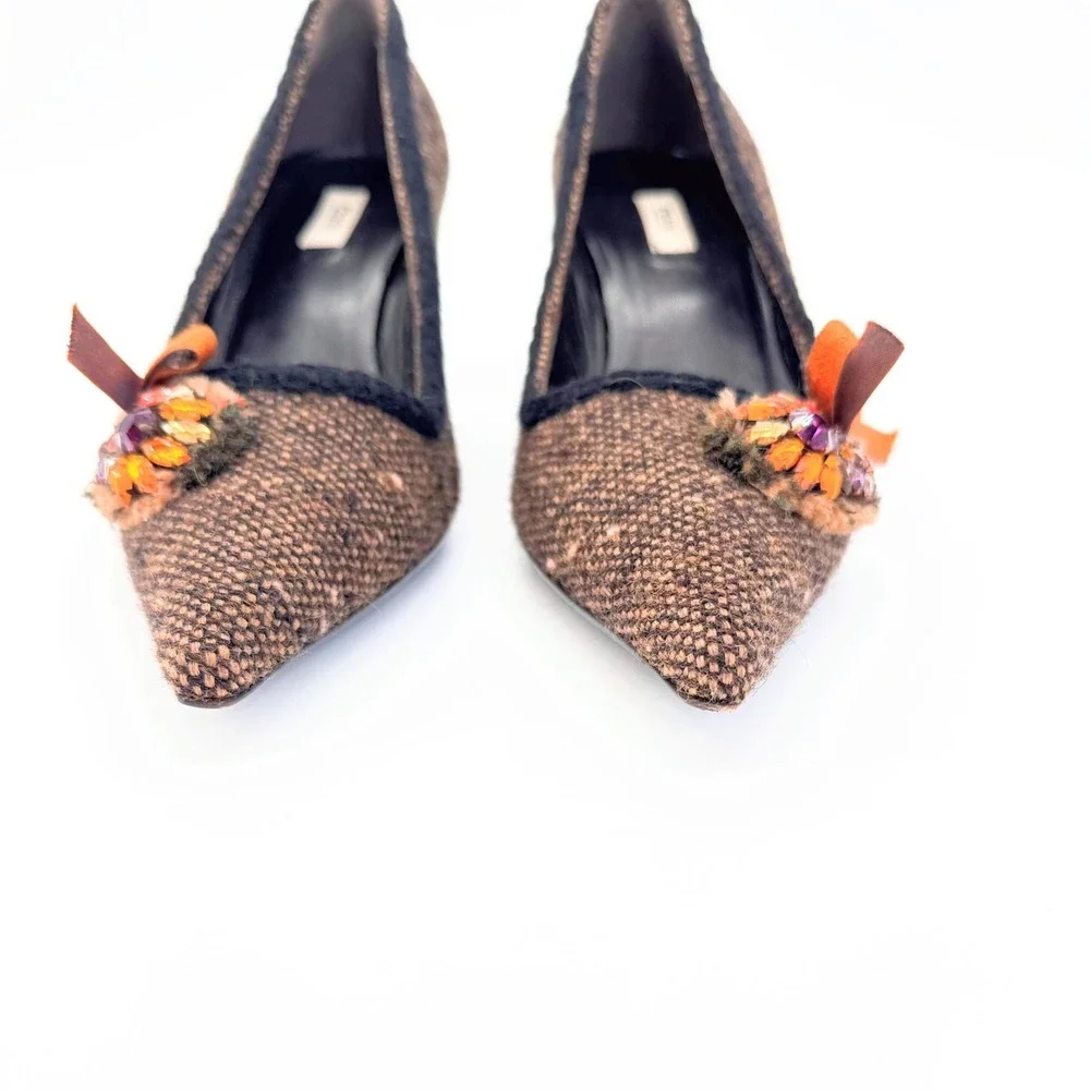 Prada Brown Wool Tweed Kitten Heel Pumps IT 37 US 7 Crystal Bow Pointed Toe - Picture 5 of 12